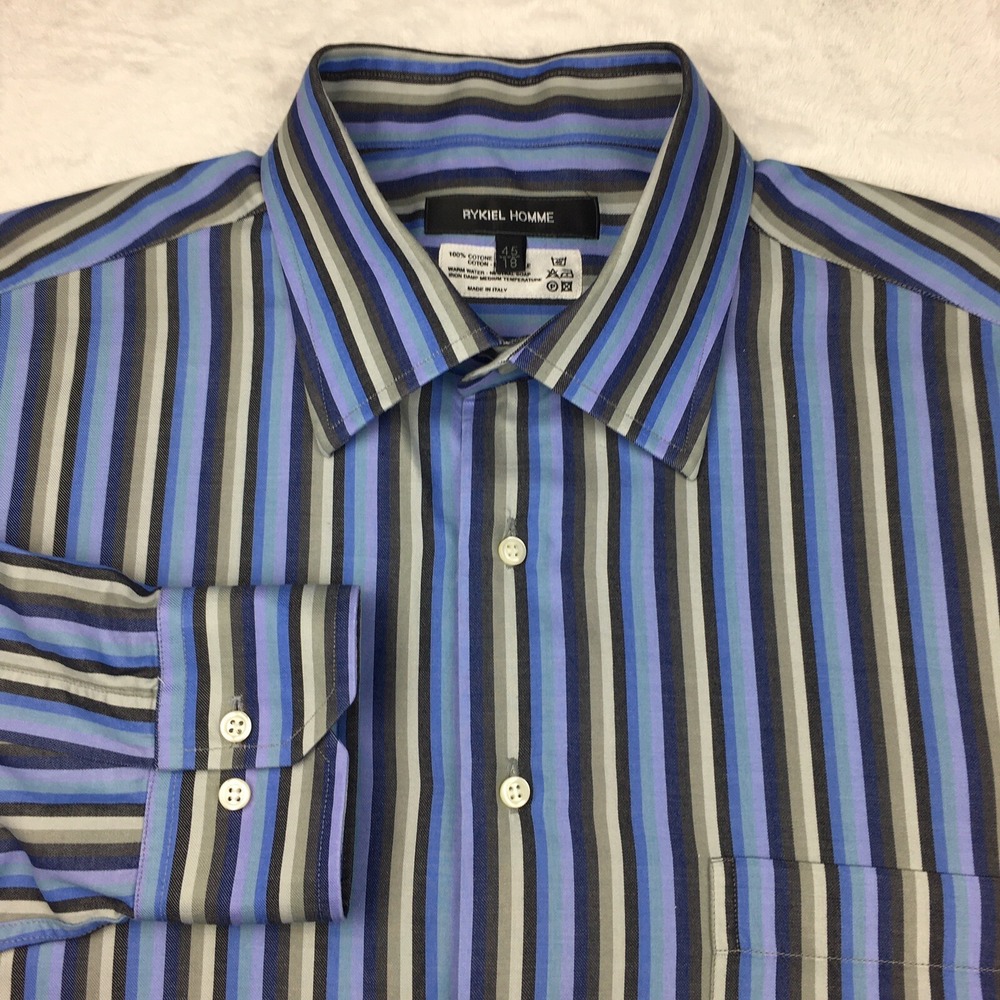 Rykiel Homme Dress Shirt Mens 18 (45) Blue/Tan Stripes Long Sleeve Made in Italy